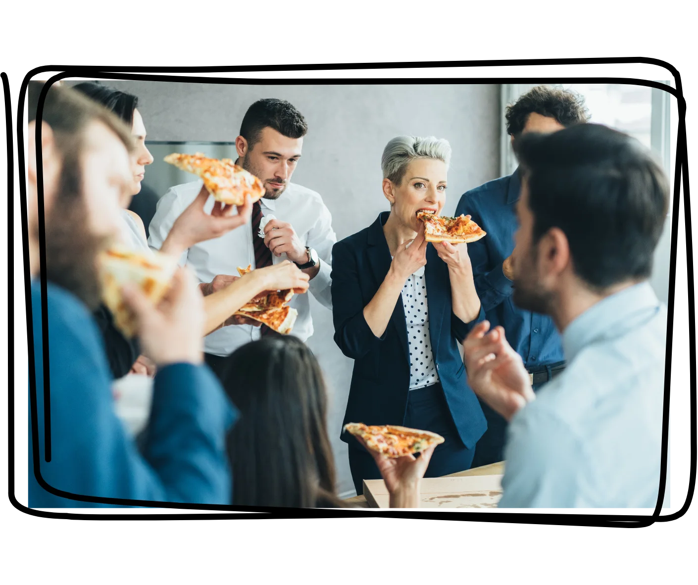 Team is eating pizza and snacks